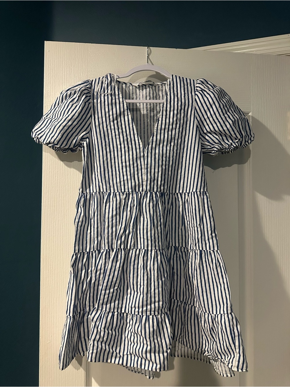 Zara Blue and White Striped Tiered Dress